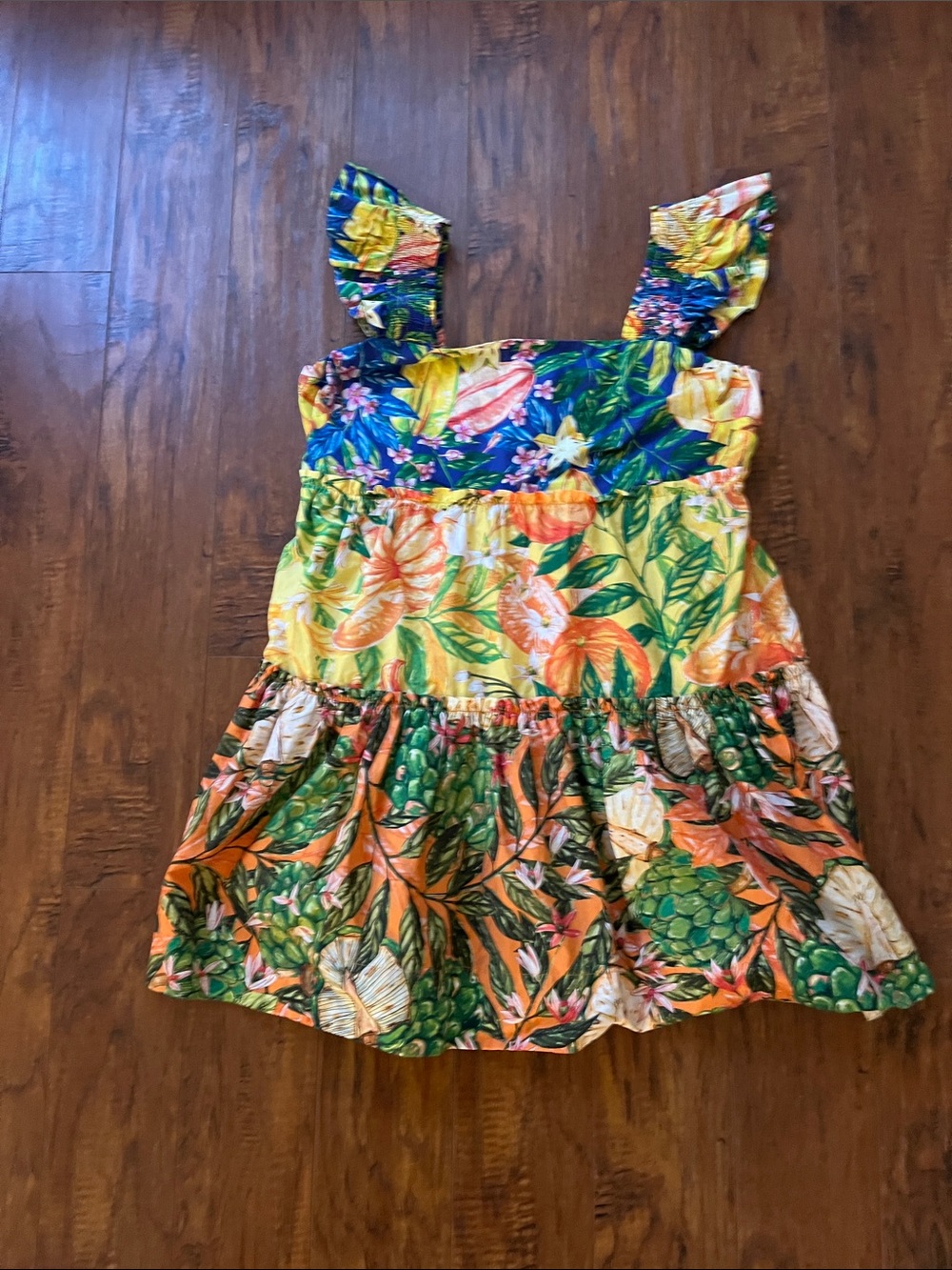 FARM Rio Tropical Floral Tiered Sundress in Yellow, Green & Orange
